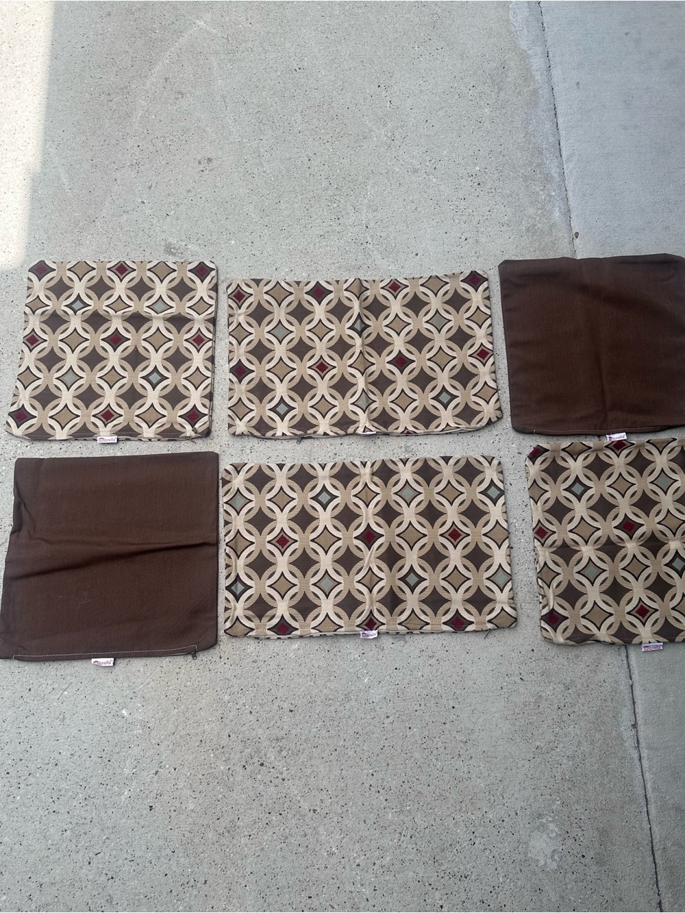 Geometric Brown and Beige Outdoor Sunbrella Pillow Covers with Burgundy Accents